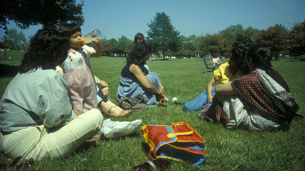 Brick Picnic', photograph of Matrix workshop day with  women from the Jagonari Centre, researching brick options for the building. Courtesy of Anne Thorne and Matrix Open feminist architecture archive.
